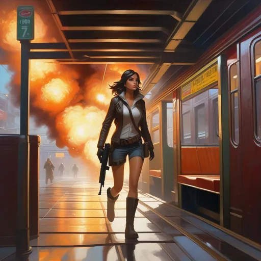 Prompt: Third person shooter, female protagonist, explosions, subway, cartoony, cold atmosphere, extremely detailed painting by Greg Rutkowski and by Henry Justice Ford and by Steve Henderson