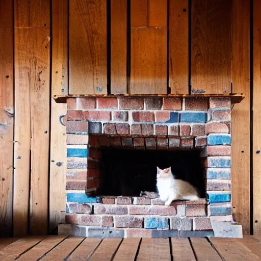 Prompt: a cat sitting on a wooden floor by a fireplace made of brick  in a cabin 