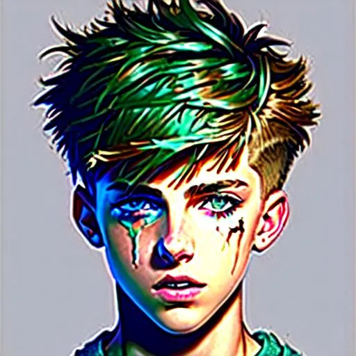 Prompt: Young beautiful handsome 13 year old lightbrown short hair in back of head hair hanging over face (short haircut)+ straight messy hair boy kid Cole Sprouse boyish boy pretty boy hot boy robust eyelashes bluegreen eyes, art, artstation, concept art, cool worn torn clothing