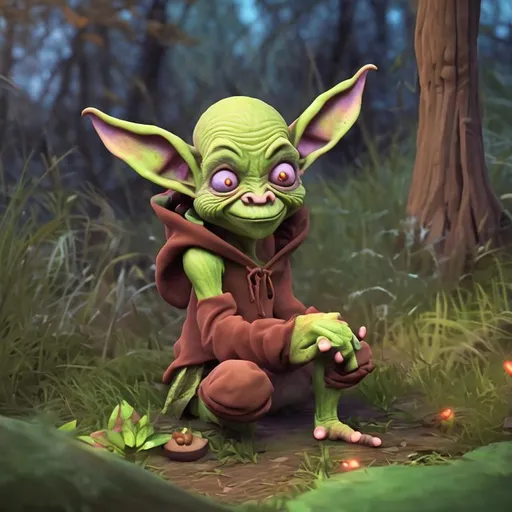 Prompt: A Goblin child dressed in raggy clothes, sitting in the woods behind a house, looking at bugs