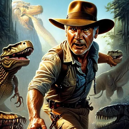 Prompt: ultra realistic illustration, incredibly detailed Harrison Ford face, Indiana Jones being chased by a T-Rex, intricate, elegant, highly detailed, digital painting, artstation, concept art, smooth, sharp focus, illustration, art by artgerm and greg rutkowski and drew struzan