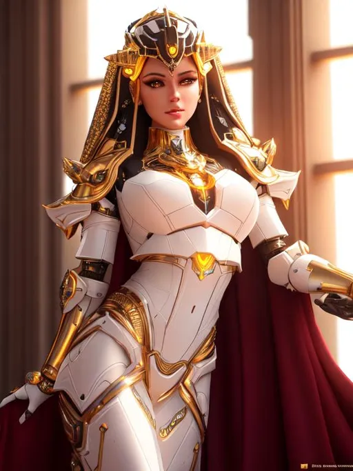 Prompt: epic 3d portrait of halfrobot white queen wearing half mech armor made of black crystals, golden ornate around the armor, symmetrical body, hyperrealistic, intricate details, shiny, cinematic, unreal engine, artstation, octane render, synthwave gown, magic, bioluminescence, full body