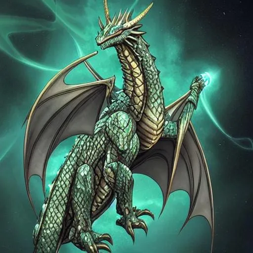 Prompt: Draconis Ignis is a colossal dragon with a body covered in thick, armored scales reminiscent of medieval knight's plate armor. Its scales shimmer with a metallic sheen, ranging in colors from deep emerald green to fiery gold. The dragon's wings are expansive and strong, allowing it to soar through the skies with grace and power.
The head of Draconis Ignis is adorned with majestic horns, reminiscent of the crown-like adornments worn by medieval kings and queens. Its eyes glow with an intense, fiery orange color, exuding an aura of power and danger.
The creature's jaws are lined with razor-sharp teeth, capable of rending through solid armor and flesh. Its breath is a torrent of searing flames, capable of incinerating anything in its path. The flames are tinged with a hint of medieval alchemical magic, giving them an otherworldly glow.

Draconis Ignis possesses formidable claws that can tear through stone and metal effortlessly. Its tail is long and muscular, serving both as a weapon and a means of maintaining balance in flight.
The dragon's overall body structure is powerful and agile, allowing it to maneuver swiftly both on land and in the air. Its movements are a mix of grace and raw power, evoking the imagery of medieval knights in battle.
Encountering Draconis Ignis is a sight that strikes awe and fear in the hearts of those who witness it. It is a creature of legend, embodying the mystical and mythical creatures that populated medieval folklore and tales. The dragon's presence alone is a reminder of the power, mystery, and danger that permeated the medieval era