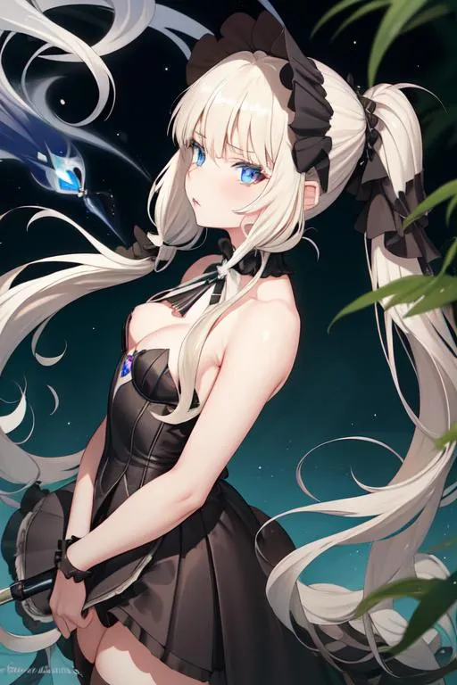 Prompt: Ekaterina Kraeva from Seikon no Qwaser, masterpiece, best quality, anime wide eyes, platinum blonde hair, blue eyes,  1little girl, 11yo, long twintail hair, black gothic Lolita dress, big chest, thick hips, (small breasts:0.7), thick thighs, (wide hips:1.7), looking at viewer, simple background, cartoon_portrait, <lora:cartoon_portrait_v2:0.5>,