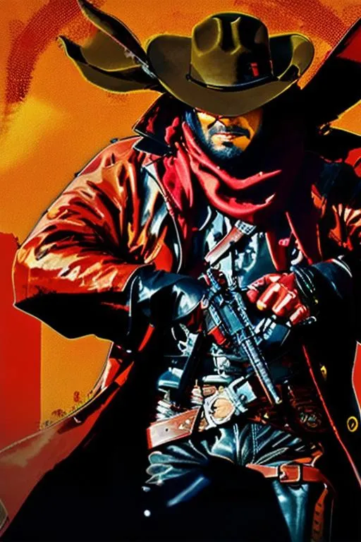 Prompt: ((Cyber Cowboy with 4 Arms))!!, fiery red Poncho, Dressed in black duster and Stetson Cowboy Hat, with Red Sunglasses, Haunting Presence, Photorealism, Hyperrealism, Intricately Detailed, Hyperdetailed, Desert Wild West Landscape, Dusty Midnight Lighting, Filmic, Movie Quality, 8K Resolution, Wild West Feel