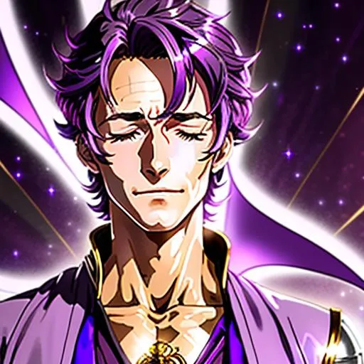 Prompt: full body semi-realistic anime male,  Luke Perry in purple mage robes, eyes closed, skin highlights, hair highlights, short purple hair, blushing, university background, adult researcher, glamour, tan skin
wonderful face, very detailed face, extremely detailed face, highly detailed face, soft smile, happy,
perfect face, eyes closed, perfect teeth, perfect body, perfect anatomy, beautiful body, trending on instagram, trending on tiktok, trending on artstation, trending on cg society, white sclera,
photorealistic, masterpiece, cinematic, 16k artistic photography, epic, drama, 
romance, glamour, 
cinematic lighting, dramatic lighting, insanely detailed, soft natural volumetric cinematic lighting, award-winning photography, rendering, hd, high definition, 
highly detailed