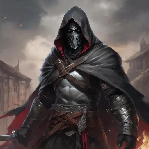 Prompt: Tall, Large, Lean, male, Solomon grundy built, black hair,  very dark grey scarred skin, covered in bandages, dark tattered cloth of a cleric of kelemvor that exposes his midriff,  mask with hood that covers his face, large ruby in chest,  Dungeons and Dragons 5th Edition, Path of the Zealot Barbarian, Undying Warlock, 20 Strength, 18 Constitution, Equip him with a very large axe.