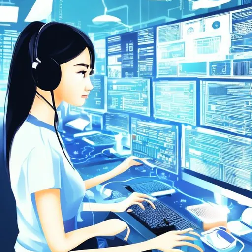 Prompt: I want to create a drawing that show a beautiful girl who working in Information Technology at OneMount Group