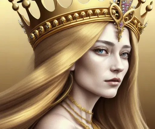 Prompt: Woman, long gold hair, hyperdetailed crown, hyper detailed, hyper realistic