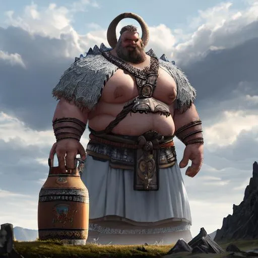 Prompt: bottom view of A colossal scandinavian beer gods with with a fat beer belly beer and beer mug in hands, stands behind the mountain, overshadowing the small medieval settlement, nordic, clouds from beer foam, fog effects, full body character, trending on Artstation. masterpiece, by haoxin Z