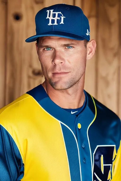 Prompt: handsome james beattie, wearing blue futuristic Tampa Bay Rays baseball jersey with yellow.