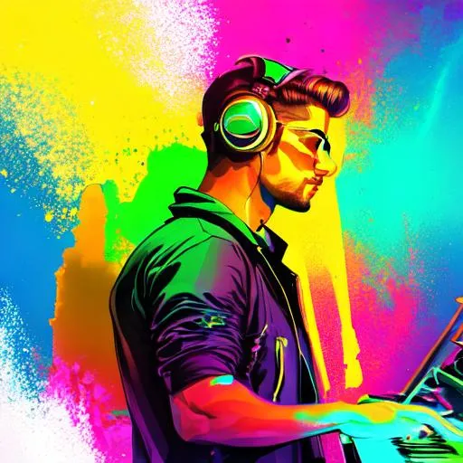 Prompt: a dj on stage at a festival, neon colors, blurry background, high detail