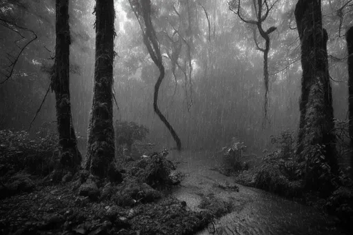 Prompt: The rain is coming down in sheets, obscuring the forest in a veil of gray. The wind is howling through the trees, creating a cacophony of sound. The only light comes from the occasional flash of lightning, which illuminates the forest for a brief moment before plunging it back into darkness.

The trees are dripping wet, and the ground is muddy and slippery. The air is thick with the smell of wet leaves and earth. The sound of the rain is deafening, and it is difficult to hear anything else.

The forest is eerily quiet, save for the sound of the rain. The animals have all gone to ground, seeking shelter from the storm. The only movement is the occasional gust of wind that shakes the trees.

It is a dark and stormy night, and the forest is a place of mystery and danger. It is a place where anything could happen, and where the imagination can run wild.

Here are some additional details that you can add to your description:

The rain is falling so hard that it is difficult to see more than a few feet in front of you.
The wind is so strong that it is blowing branches and leaves off the trees.
The ground is so muddy that it is difficult to walk without slipping.
The air is so cold that you can see your breath.
The sound of the rain is so loud that it is difficult to think.
The forest is so dark that you can barely see anything.
The animals are so scared that they are staying hidden.
You can also use your imagination to add more details to your description. What kind of trees are in the forest? What kind of animals live there? What kind of sounds do you hear besides the rain? What kind of smells do you smell?

The possibilities are endless. The important thing is to use your senses to create a vivid and atmospheric description of a rainy night in a forest.

Vibrant mystic colour 

A mediaeval castle wrapped by tree roots