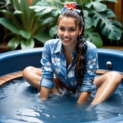 Prompt: photo of young woman, soaking wet clothes, ankle socks, hawaiian print long tight leggings, button down denim shirt,  , soaking in a hot tub,   enjoying, water dripping from clothes, clothes stuck to body,  detailed textures of the wet fabric, wet face, wet plastered hair,  wet, drenched, professional, high-quality details, full body view.