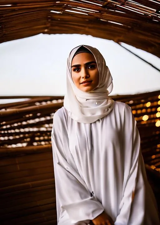 Prompt: A photo of a hijabi 17 year old woman posing, detailed face, detailed skin, white abaya, in the old wooden bamboo hut, night, bulb light, dark, cinematic, depth of field, low iso, fire, flames, smoke, 
