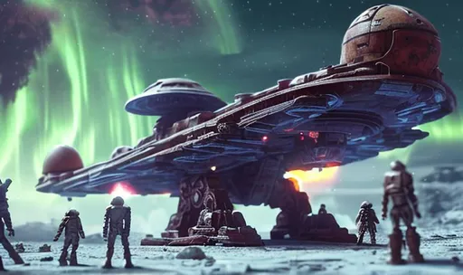 Prompt: ancient huge old rusty spaceship getting repaired  by robots dead planet sparks fire welding people working aurora many colours   guard drinking milk enhance detail turret on spaceship real soldier thin landing gears symmetrical ship laser warzone dead body's on ground ships exploding in sky thicker spaceship