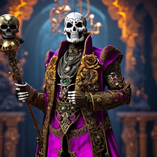 Prompt: Masterwork, octane render. skeleton, Undead Lord, Necromancer. propitious. Wearing Mirage Vest, {dapper}, Wearing a Festival Robe {dias de los Muertos, fur coat}, wearing a gold necklace with ruby jewel, holding a staff with a diamond mounted on top.