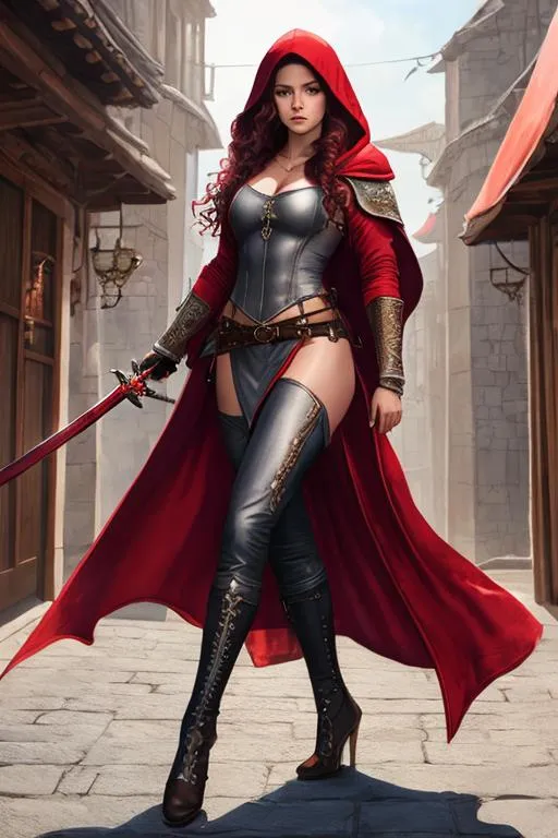 Prompt: sticker of ultra detailed half body photorealistic of female rogue wearing full length long robe with hood, fully dressed, leather trousers, busy medieval city, ((half body)), dynamic pose, holding sword, perfect anatomy, tattoos centered, freedom, soul, red long curly hair, approach to perfection, cell shading, 4k , cinematic dramatic atmosphere, watercolor painting, global illumination, detailed and intricate environment, artstation, concept art, fluid and sharp focus, volumetric lighting, cinematic lighting, (((masterpiece style)), unreal engine 5