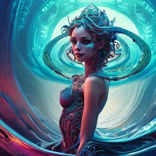 Prompt: beautiful woman Queen fae of ocean in spiral wave water, background glorious, perfect face, realistic, full body, standing on ground, circuit board, in intricate clothing, fantasy, illustration, artstation, very complex hyper-maximalist, overdetailed, cinematic, tribal, darkfantasy, 8k resolution, Ultra-detailed 3D Octane Render, photorealistic concept art, Sharp Focus, Perfect Composition, intense shadows, intense lighting, wallpaper, HDR, high quality, high-definition