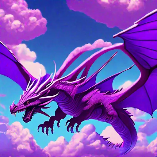 Prompt: A giant purple dragon flying in a blue sky