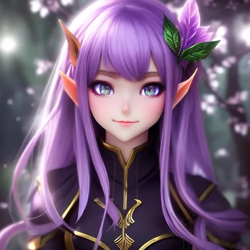 Prompt: High detail, Elf, 1girl, black and purple dress, purple & black eyes, in forest, alone, facing camera, standing up, anime art style, cute face, close to camera, smiling, white teeth 