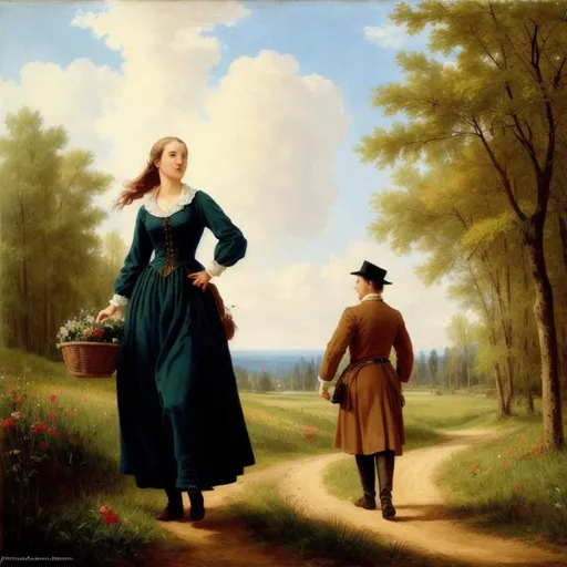 Prompt: enchanting freedom, friendly livonian woman and man, rabbit, romanticism art