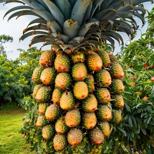 Prompt: A pineapple tree with lot of fruit 