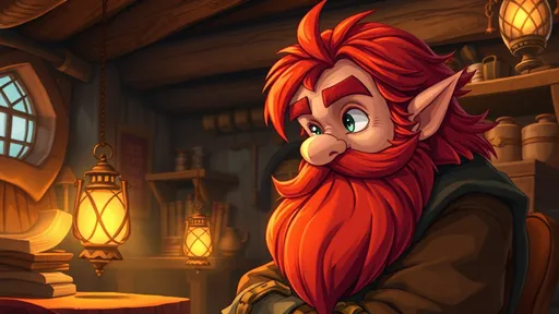 Prompt: (fantasy style), dwarf with (vibrant red hair) and (thick red beard), in a dwarfs workshop, warm color scheme creating a cozy yet adventurous ambiance, detailed furniture, a glowing lantern illuminating his contemplative expression, (highly detailed) (4K) resolution, enchanting atmosphere, high quality illustration