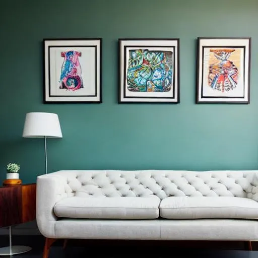 Prompt: Therapist's couch chair with art on wall behind it
