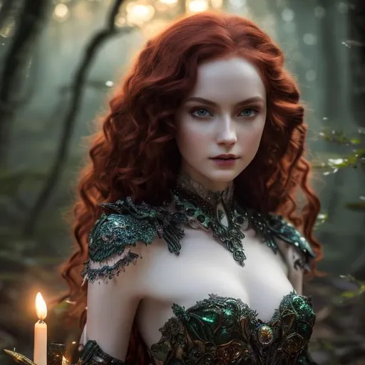 Prompt: Detailed fantasy 8k mystical light portrait of a witch with ivory clear skin, long curly redhead hair, deep purple eyes. Gorgeous hot body, she wears elegant aderent green dress, night light, forest, dramatic, charming pose, magical, fantasy,  high detailed, dramatic light