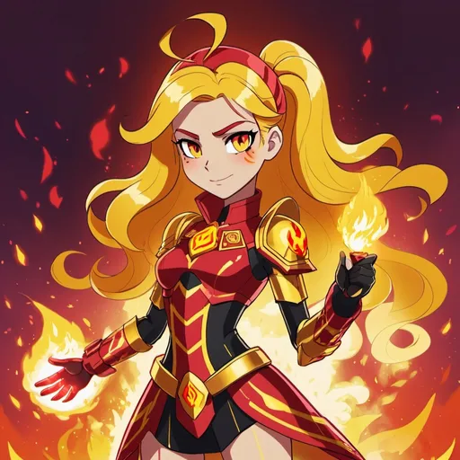 Prompt: cyberpunk equestria girls sunset shimmer wearing red and gold flame armor and holding a fiery ribbon