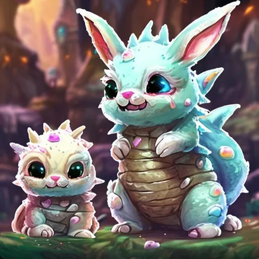 Prompt: Create an image of a Dungeon and Dragons creature called: Sprinklebunnies. Small, fluffy bunny-like creatures with colorful sprinkles on their fur and 6 paws and 4 ears.