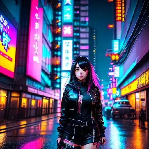 Prompt: hyper realistic, cyberpunk girl, anime, cute, full body, Oni, cyberpunk city at night, dramatic, action pose, katana in hand, 8k, post apocalyptic cyberpunk world, raining, street view, grungy style, face exposed, intricate detail, dark sky, wires littering buildings, high skyscrapers, realistic body, busy streets, symmetrical face, perfect features, strong body type, KDA art style, protagonist, perfect eyes, perfect face, unsheathed katana, full sword,  perfect nose, perfect mouth, Julia Razumova art, Ross Tran art, Charlie Bowater art, Guweiz art, beautiful lips, nice smirk, 