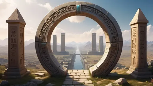 Prompt: circular portal, gateway between cities realms worlds kingdoms, ring standing on edge, freestanding ring, hieroglyphs on ring, complete ring, panoramic view