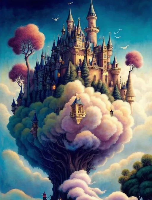 Prompt: A magical castle, floating in puffy clouds, surrounded by funny trees. Art by Daniel Merriam, AURIKA PILIPONIENE, IRA KENNEDY, Arthur Rackham, Dr Seuss, MARIA SERAFINA Tribunella, DEBBIE CRISWELL, Arief Putra, Anita Inverarity,  Itzchak Tarkay, remedios varo. Super clear resolution, cinematic smooth, polished finish, watercolor ink.