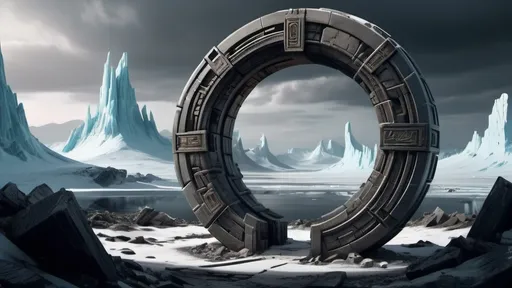 Prompt: magical portal between cities realms worlds kingdoms, circular portal, ring standing on edge, upright ring, freestanding ring, hieroglyphs on ring, broken ring, ruins, crumbling pillars, broken archways, ancient roman architecture, arctic wilderness setting, panoramic view, futuristic cyberpunk tech-noir setting