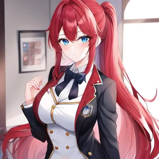 Prompt: Haley 1female (long red hair pulled back, lively blue eyes. Wearing a male butler uniform. UHD,