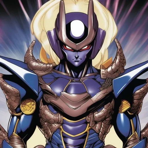 Prompt: 
Android 88  from Dragonball GT  an armor-like attire that merges functionality with regal aesthetics. A dark, sleek bodysuit underpins the design, providing flexibility in combat. Over this, incorporate armor pieces that blend ancient samurai aesthetics with futuristic technology, showcasing his fusion of power and tradition.

  illustrated  in color by Geoff Johns 