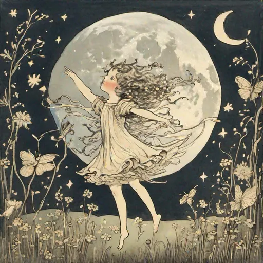 Prompt: a fairy dancing under the moonlight in nursery rhyme art