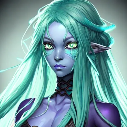Prompt: Water Genasi with pale bluegreen skin, glowing green eyes, and long purple hair