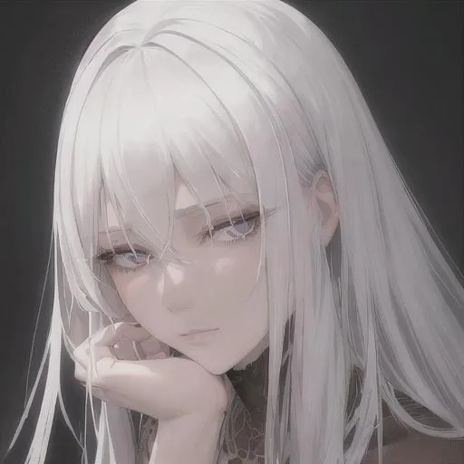 Prompt: "A close-up photo of a gorgeous white haired woman, in hyperrealistic detail, with a slight hint of loneliness in her dark eyes. Her face is the center of attention, with a sense of allure and mystery that draws the viewer in, but her eyes are also slightly downcast, as if a sense of loneliness is lingering in her thoughts. The detailing of her face is stunning, with every pore, freckle, and line rendered in vivid detail, but the image also captures the subtle emotions of loneliness that might lie beneath her surface."