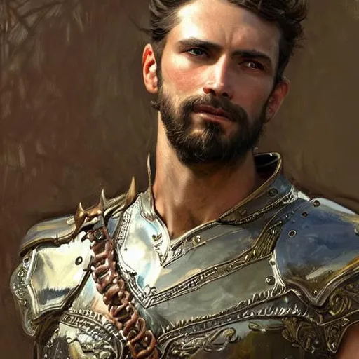 Prompt: detailed cinematic wide shot of a attractive masculine man stubble beard slim face symettrical face clean skin dark eyes and short dark brown hair, ultra realistic, spring light, painting by gaston bussiere, craig mullins, j. c. leyendecker. regal youth. bronzed chainmail armor.