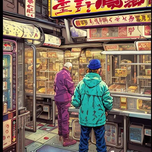 Prompt: Moebius Style art. Tokyo. Ramen noodle restaurant. raining. little noodle shop. vending machine. 48 years old. fit male. jack kirby meets photorealism. colour. action. fix the hands. clarify facial expression. realistic. painted style. larger room. cooks, waiters, patrons. busy atmosphere. claymation style.