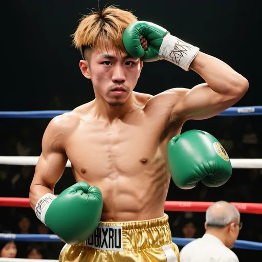 Prompt: Imagine a Japanese boxer resembling Naoya Inoue with golden and brownish hair. He is flexing his strong muscles with arms raised up. He is wearing green boxing gloves.
