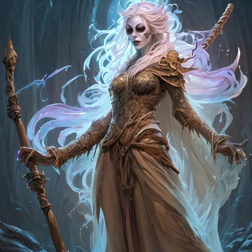 Prompt: Full body splash art of a female undead sorceress casting a spell, very long honey-colored hair with a fringe, wearing long light-colored iridescent pastel robes, carrying a wooden staff, heroic, D&D, fantasy, intricate, highly detailed, sharp focus, digital painting, oil painting, master piece, artstation, concept art, 4k, 8k
