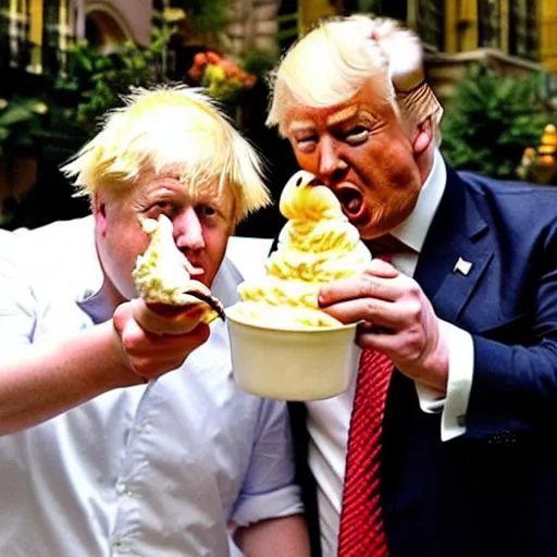 Prompt: Boris Johnson and Donald Trump riding a dragon whilst eating iced cream