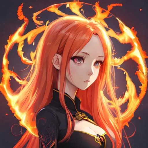 Prompt: anime portrait of a cute girl, anime eyes, beautiful intricate fire hair, shimmer in the air, symmetrical, in re:Zero style, concept art, digital painting, looking into camera, square image