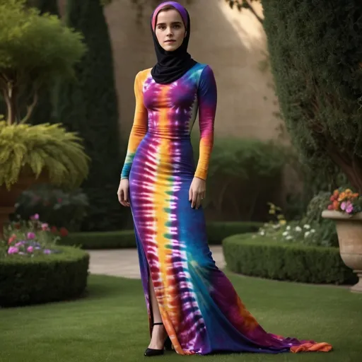 Prompt: Emma Watson in a hijab, extremely tight dark rainbow tie-dye spandex maxi-dress, high-heeled shoes, fully covered, royal garden setting, high-res, realistic, vibrant colors, elegant, mysterious lighting, detailed fabric, graceful pose