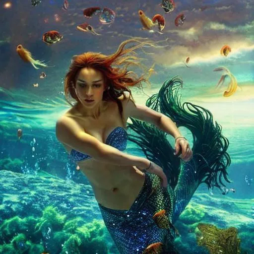 mermaid pulling a man's arms, betta fish tail, perfe