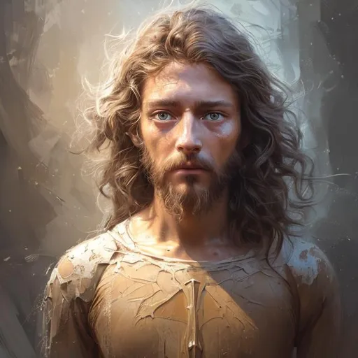 Prompt: {{{{highest quality concept art masterpiece}}}} digital drawing oil painting with {{visible textured brush strokes}}, Jesus Christ, 20 
years old, photorealistic face, digital painting, artstation, illustration, concept art, smooth, sharp focus, {{hyperrealistic intricate perfect brown long hair}} and {{hyperrealistic perfect clear bright blue eyes}}, epic fantasy, perfect composition approaching perfection, hyperrealistic intricate mirrored room in background, cinematic volumetric dramatic dramatic studio 3d glamour lighting, backlit backlight, 128k UHD HDR HD, professional long shot photography, unreal engine octane render trending on artstation, sharp focus, occlusion, centered, symmetry, ultimate, shadows, highlights, contrast